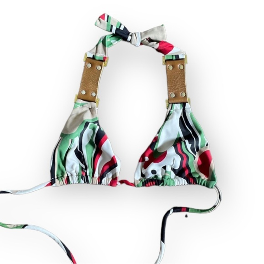 Vix Abstract Print Triangle Bikini Top Small Leather Strap Halter Designer Swim